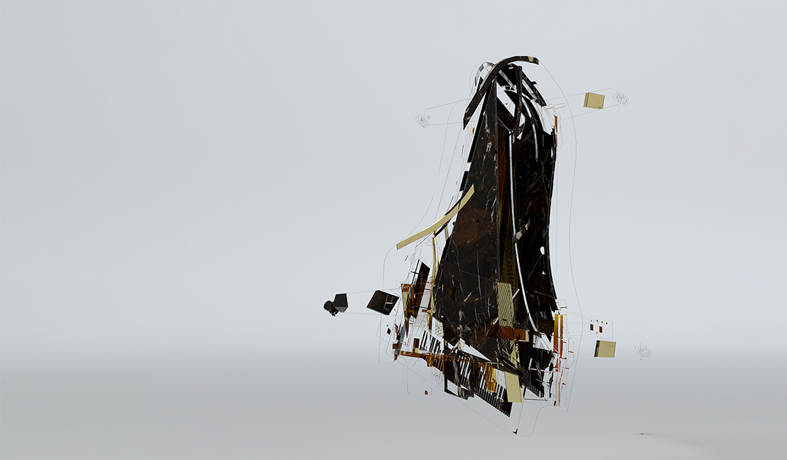 On a light grey backdrop, a piano is shown in an exploded view with sections shown separate from each other. The piano is pictured vertically, with the keys at the base of the image. 