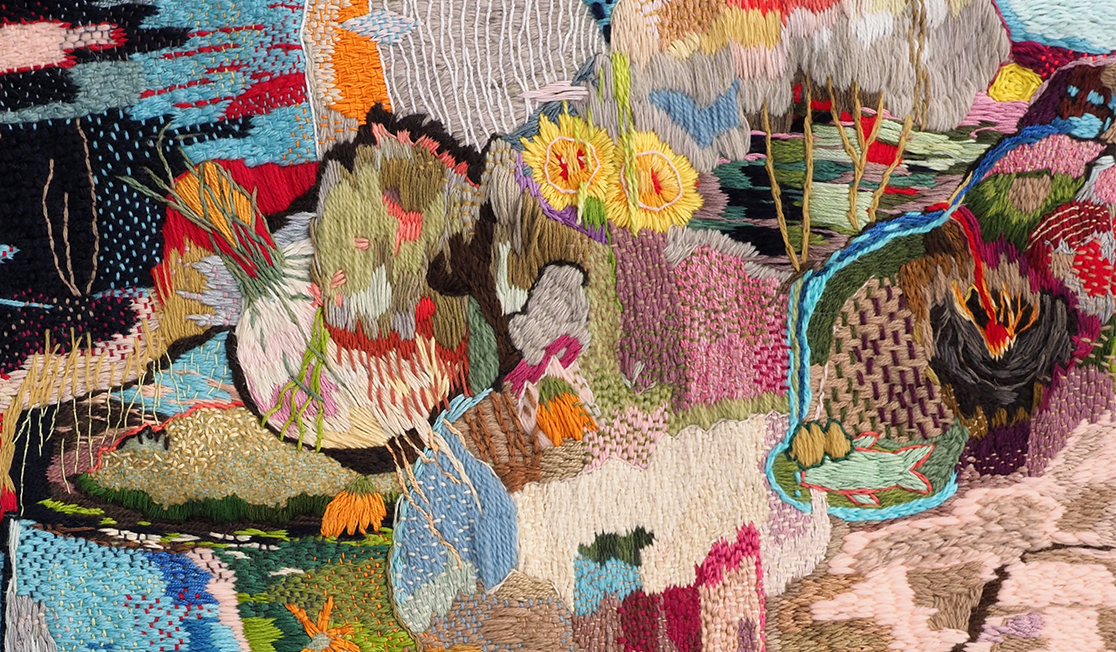 A colourful, detailed tapestry with various textures and patterns. Parts of the design look cellular or like a landscape