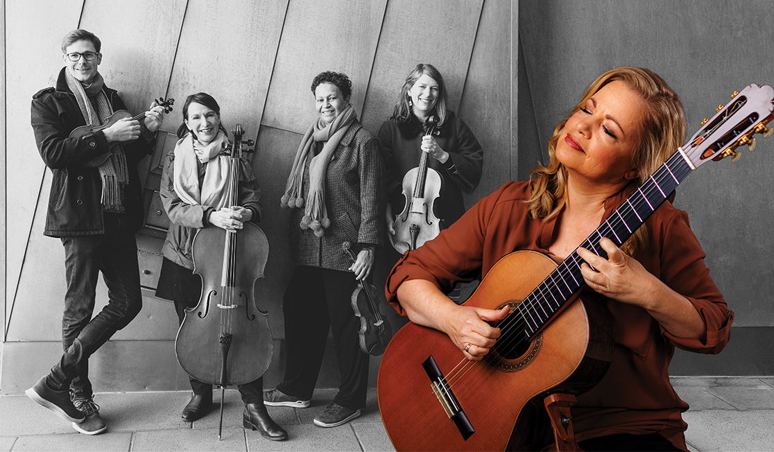 A woman playing the guitar smiling and closing her eyes is superimposed on an image of four musicians wearing coats and scarves and holding their string instruments.