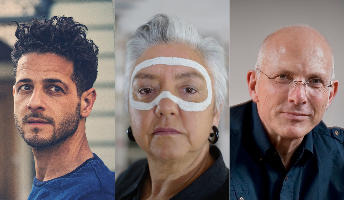 Three headshots are tiled, a man wearing a blue shirt with dark, curly hair, a woman with short grey hair and white paint around her eyes and a man with glasses and a blue shirt.