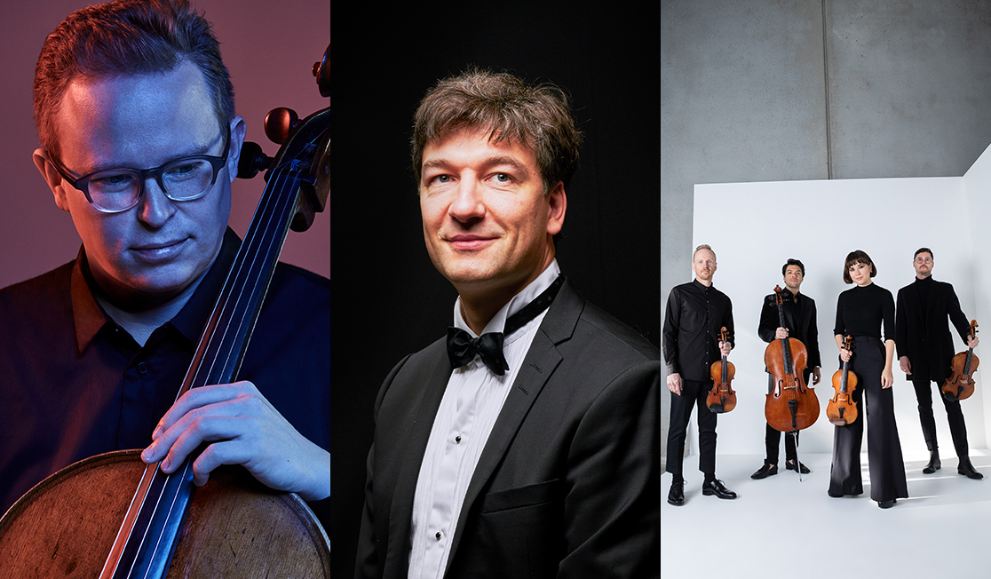 Headshots of Timo-Veikke Valve, Konstantin Shamray and the Australian String Quartet